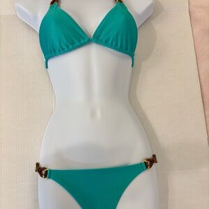 Elegant Teal Bikini with Brown Accents
